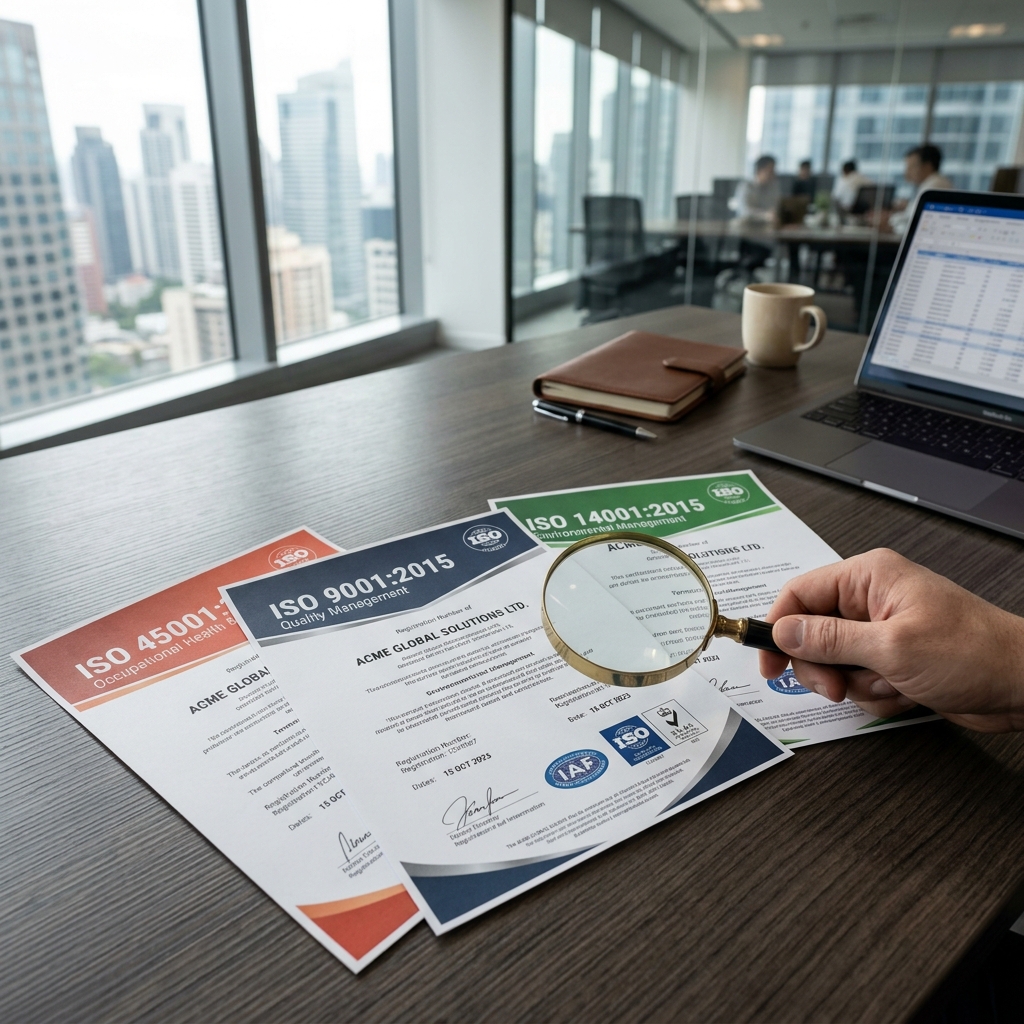 Certificados ISO 9001, ISO 14001 e ISO 45001 sobre mesa de ejecutivo con lupa comparativa
