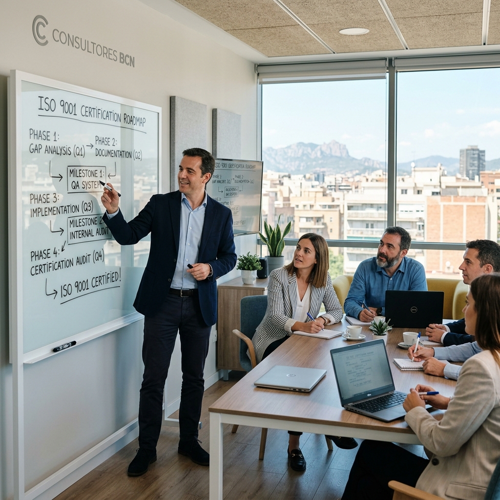 Consultor presentando hoja de ruta de certificación ISO en pizarra a equipo empresarial