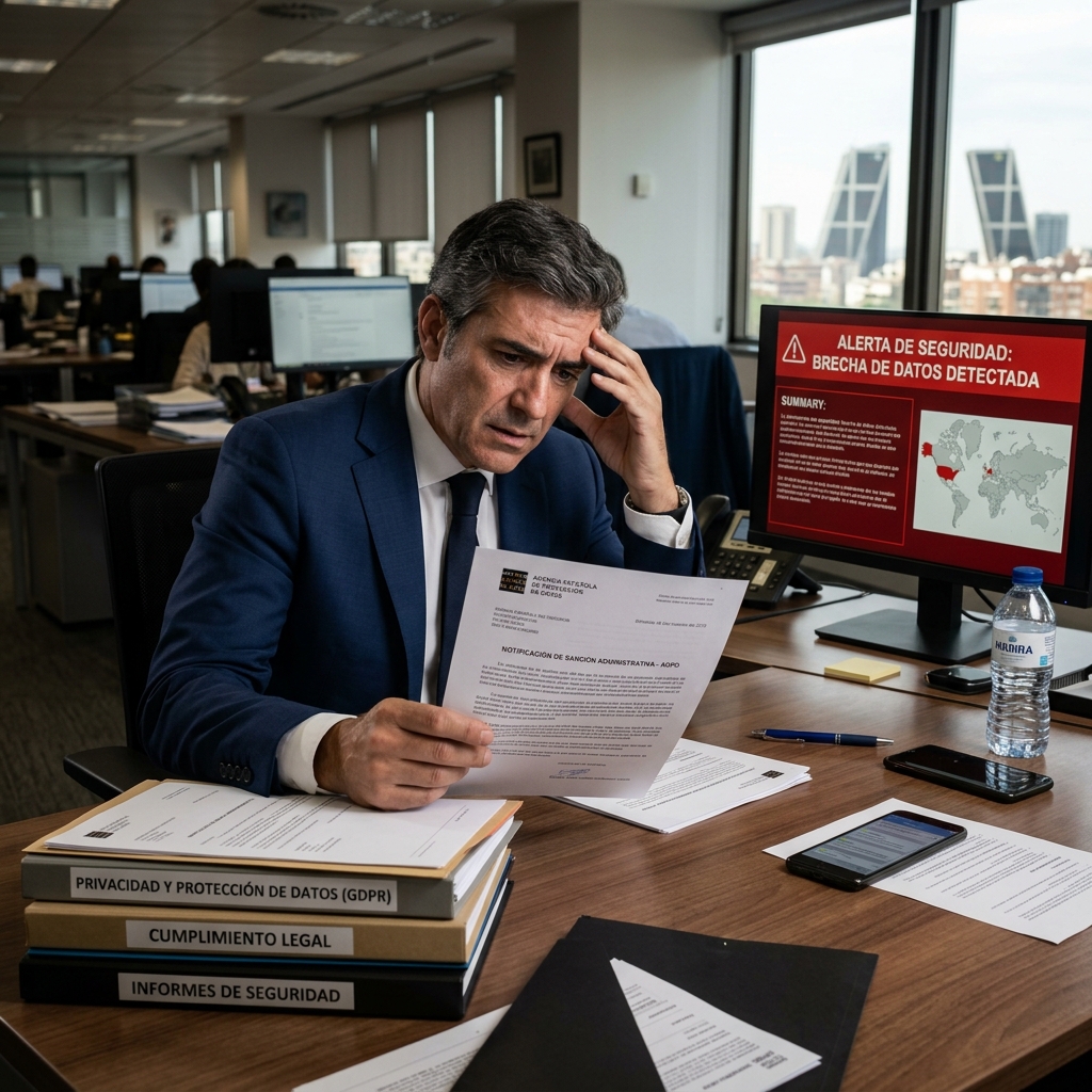 Ejecutivo preocupado leyendo notificación de sanción RGPD de la AEPD en oficina de Madrid
